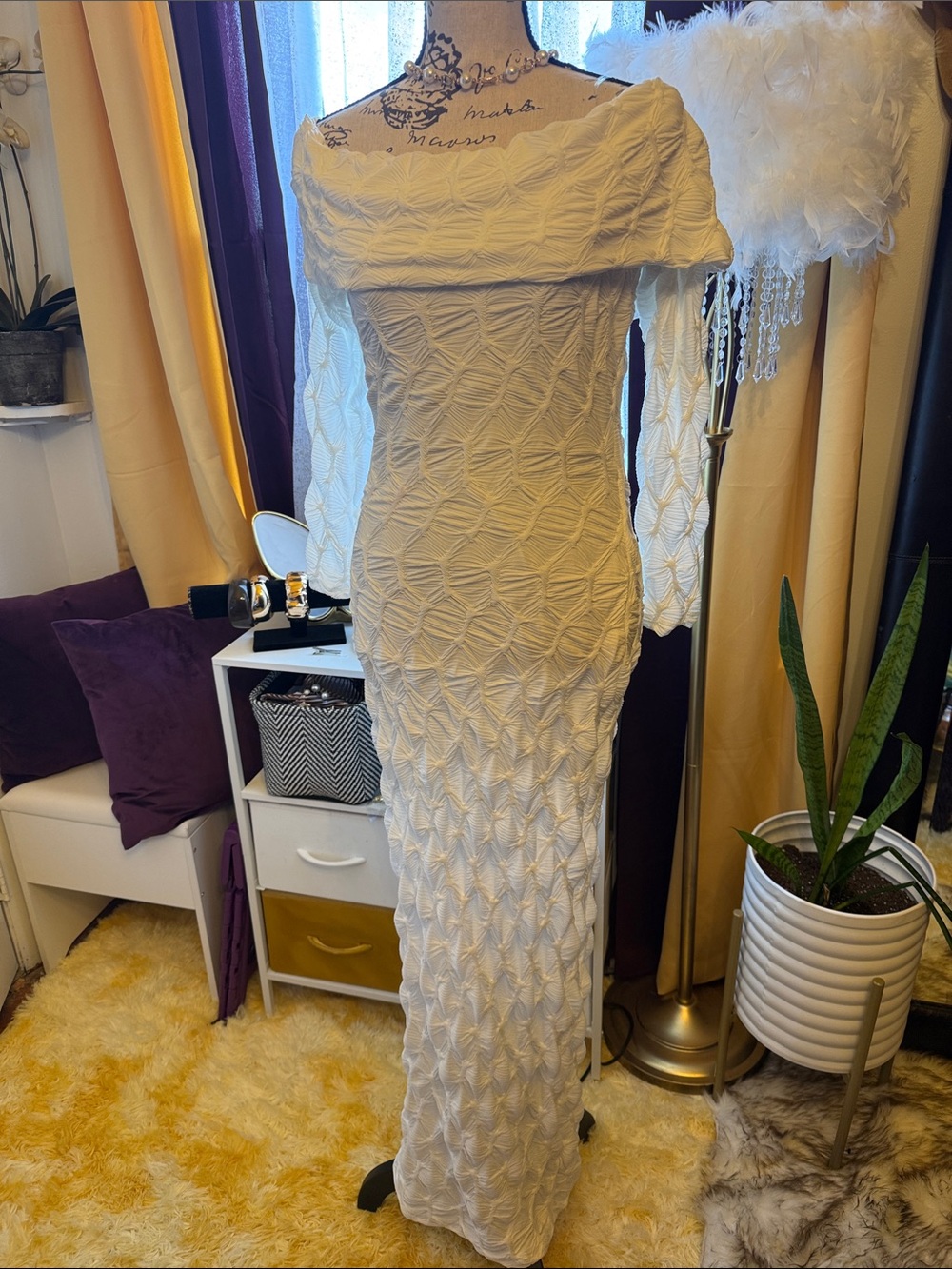 AKIRA White Textured Off-Shoulder Maxi Dress